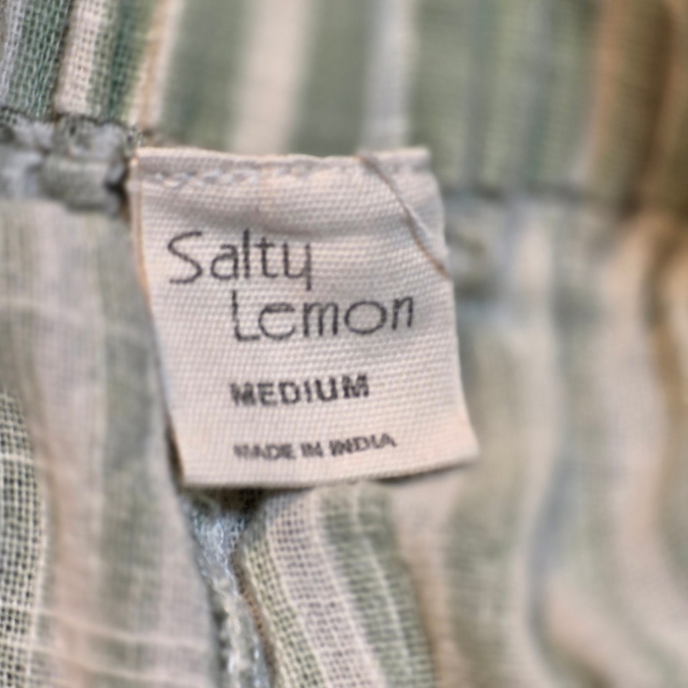 Salty Lemon Sage Green White Striped Wide Leg 100% Cotton Linen Pants Coastal - Picture 4 of 16